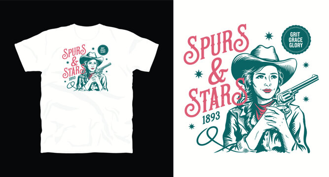 Spurs and stars cowgirl with revolver pistol portrait vintage western illustration for apparel