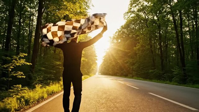 Checkered Flag Victory - Cyclists Race Towards Golden Sunlight Through a Forest Tunnel Celebrating Success and Triumph in a Dynamic Sports Scene