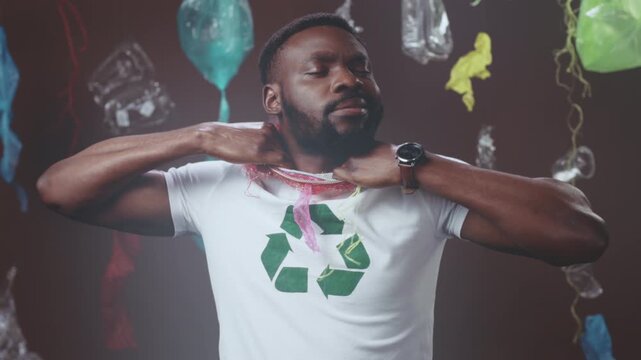 Model enthusiastically presents reused materials transformed into stylish sustainable clothing and accessories