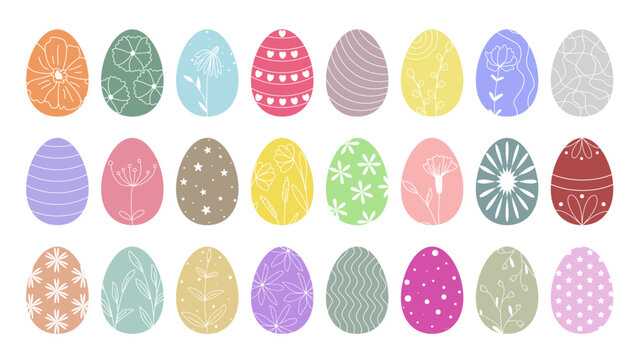 Set of multicolored Easter eggs. Colorful ellipses with patterns of flowers, grasses, lines, dots, stars and hearts. Holiday clip-art collection of decorated eggs. Vector graphics