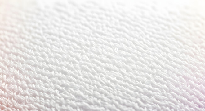 Close-up macro photo of a soft, fluffy white terry cloth towel texture with subtle light pink and blue color gradients.