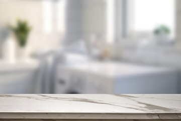 Empty marble top table with blurred bathroom interior Background. for product display