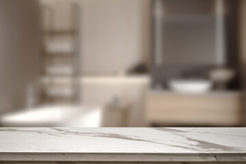 Empty marble top table with blurred bathroom interior Background. for product display