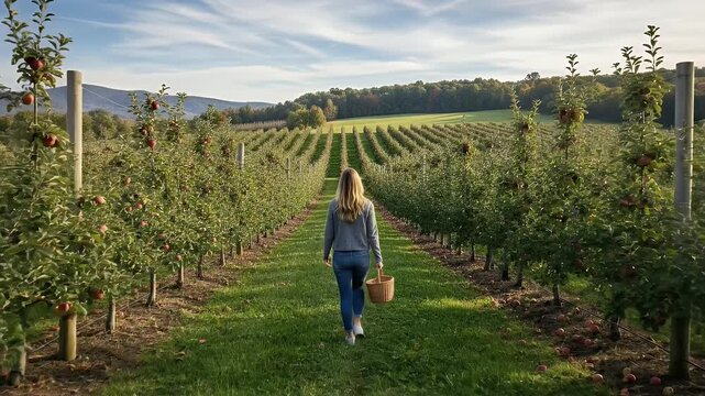Woman in Denim Jacket Walking Through Orchard on Sunny Day with Ripe Apples and Green Grass