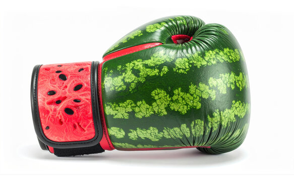 Guantone da boxe creativo con texture di anguria e polpa rossa isolato su sfondo bianco. Generative AI 