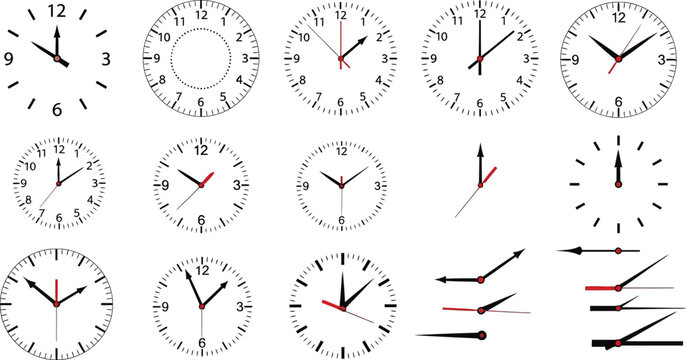 Collection of diverse analog clock faces and hands, illustrating various timekeeping elements and designs. Essential graphic resources for projects requiring time representation.