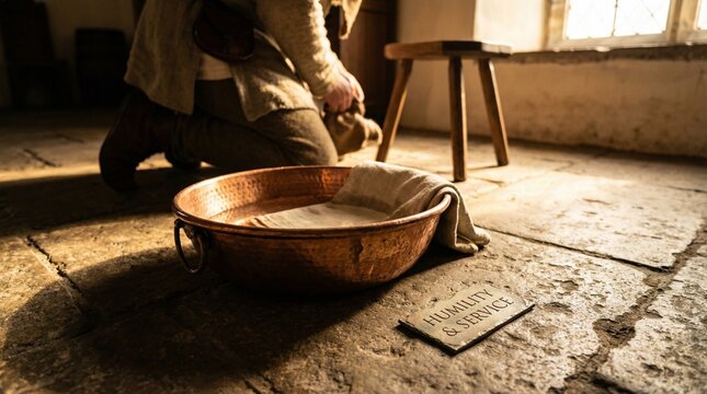 Man kneeling by copper bowl preparing for foot washing in dim room  