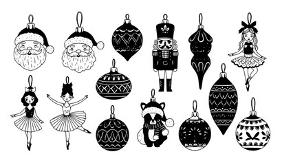 Hand Drawn Vintage Christmas Ornament Collection Vector with Santa Nutcracker Ballerina and Woodland Animal Baubles © MdNayeem