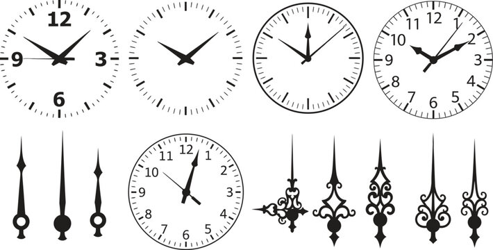 Diverse collection of analog clock faces and intricate decorative hands in a clean black and white vector style.