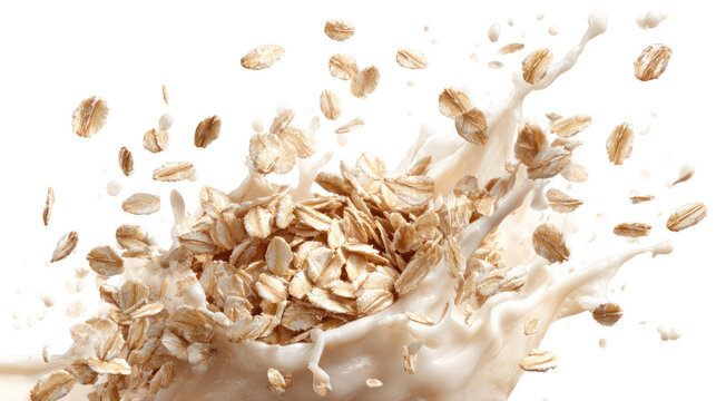 Oatmeal with milk splashing on transparent background