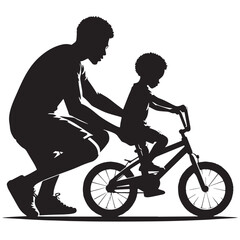 Fototapeta premium Black Father teaching cycling Silhouette Vector, High Quality Illustration on White Background