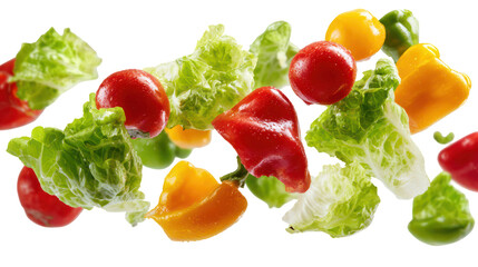 A colorful mix of vegetables floating in the air on transparent background