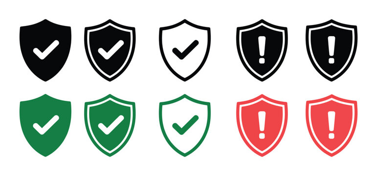 Shield Icon Graphic Illustration With Check Mark And Exclamation Symbols, Security And Protection Concept For Cybersecurity, Safety, And Risk Awareness Design.