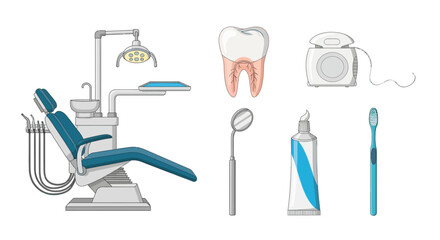 Dental equipment illustration featuring a chair tooth and hygiene products