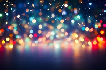 Obraz premium Colorful bokeh lights illuminating a dark surface, offering a festive and celebratory background