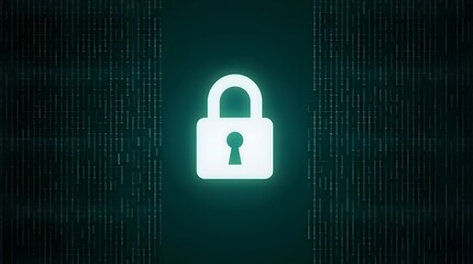 Glowing white padlock icon on a dark matrix background representing digital data encryption. This cybersecurity illustration highlights internet privacy and secure system access.
