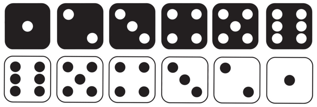 Dice Icon Set, Black Outline, Six Sides, Ludo Game Symbols, Vector Illustration, Six-Faced Dice Icons, Outline Style Design