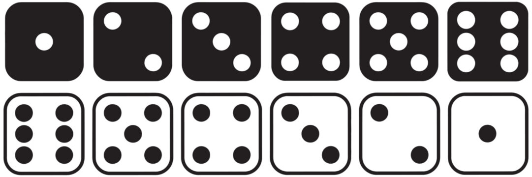 Dice Icons Vector Set, Black Outline, Six Faces, Ludo Game Symbols, Six-Sided Dice Illustration, Outline Style Vector Elements