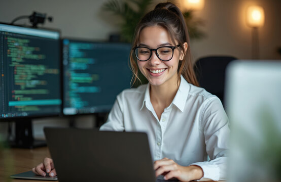 Asian woman coder smiles working on laptop computer at home office with dual monitors displaying code. Focused lady types on keyboard, wearing glasses. Minimalist workspace provides modern tech