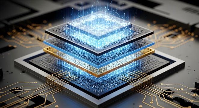 High-tech layered microchip glowing with data streams, illustrating advanced digital processing, artificial intelligence, and big data technology on a detailed circuit board