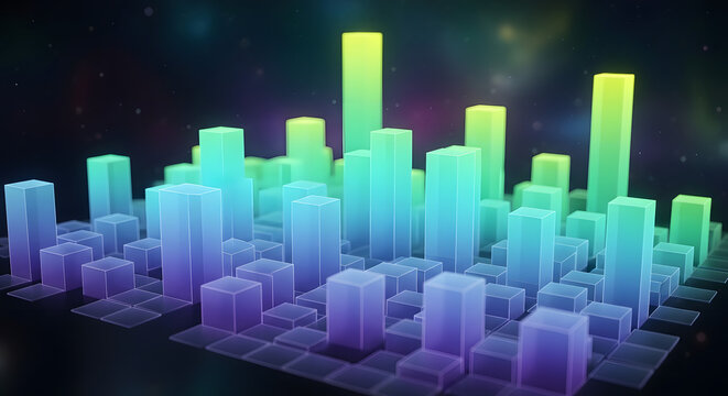 Abstract digital data visualization featuring vibrant 3D blocks on a structured grid, illustrating complex information flow, analytics, and technological interconnectedness