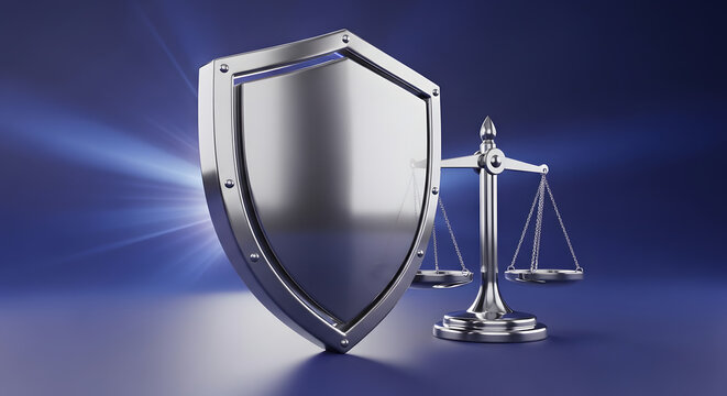 Illustrative 3D render of a gleaming metallic shield paired with a classic balance scale on a reflective surface, symbolizing security, justice, and strategic risk management principles