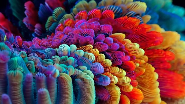 Vibrant close-up of colorful coral reef formations showcasing intricate patterns and textures