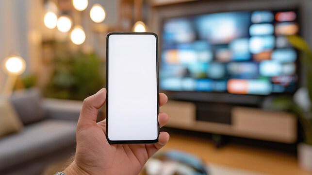
Hand Holding Smartphone with Blank Screen in Modern Living Room &ndash; Smart TV Streaming Background, Mockup Template for Mobile App and Digital Content Concept