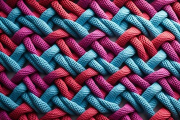Braided ropes in pink, red, and blue colors forming an interwoven texture