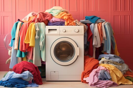 Washing machine overloaded with a mountain of unwashed laundry on laundry day