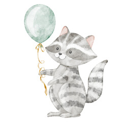 Fototapeta premium Watercolor Raccoon holding a balloon in gentle pastel colors. Woodland animal illustration for baby shower greeting cards or childish Birthday invitations. Art of character for nursery posters