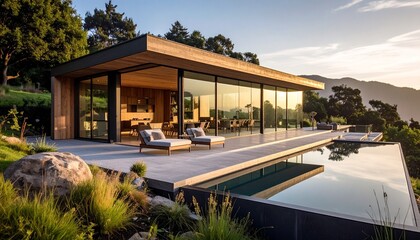 Fototapeta premium House made of natural materials like wood, stone, and clay. Semi-realistic scene emphasizing sustainability, harmony with nature, and eco-friendly living. 
