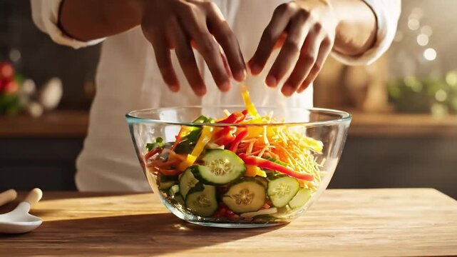 Close-up of hands grating fresh carrots into a glass bowl filled with sliced cucumbers and vegetables for a healthy salad preparation