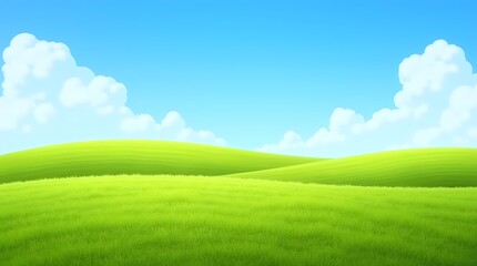 Fototapeta premium Cartoon landscape of a green grass hill with blue sky and white clouds suitable for kids backgrounds. This vibrant nature illustration represents a sunny spring day outdoors.