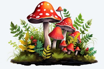 Obraz premium Group of spotted toadstools with green foliage and grass on a white background