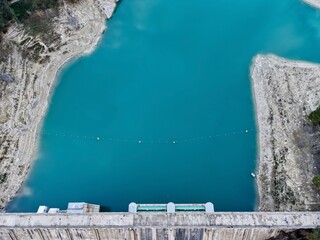 Turquoise water with yellow markers, Drone surveys turquoise water and yellow buoys for ecological study © Vladimir