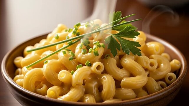 Wooden Bowl Of Creamy Macaroni And Cheese Topped With Parsley Garnish On A Dark Wooden Table With Soft Focus Background