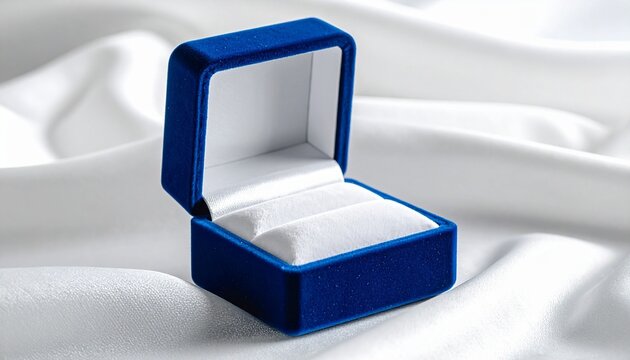Gold engagement ring with prominent diamond solitaire set in blue velvet ring box, box open and placed on white satin fabric, luxurious elegant backdrop, lighting highlighting sparkle of diamond and r