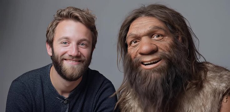Modern Man and Realistic Neanderthal Portrait &ndash; Human Evolution Concept