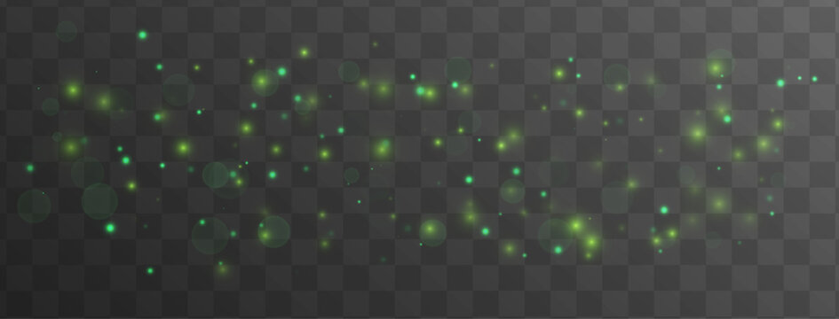 Small cloud of dark green and lime dust particles on a dark checkered background. Transparent particles of varying size and opacity create a subtle atmospheric effect.