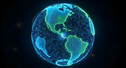 Fototapeta premium Dynamic 3D digital Earth globe crafted from intricate lines, showcasing a global network of connectivity and information exchange, symbolizing technological unity and communication
