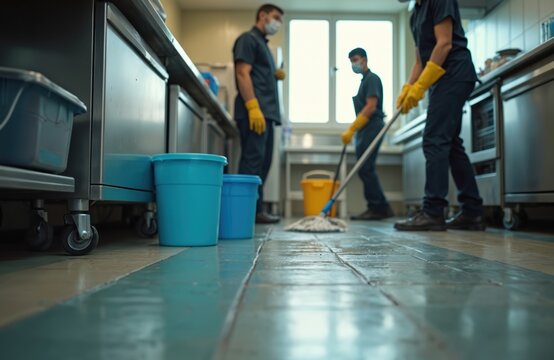 Cleaners in masks and gloves mop tiled floor in commercial kitchen. Buckets and cleaning supplies nearby. Natural light streams through window.