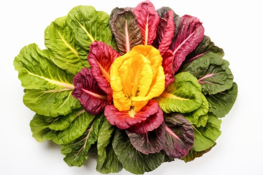 Fresh chard and kale leaves forming beautiful colorful flower shape on white background
