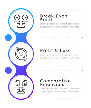 Break even point blue gradient round infographic 3 steps. Sales volume and revenue level balance. Financial calculation. Business. Editable thin line icons diagram process. Lexend font used