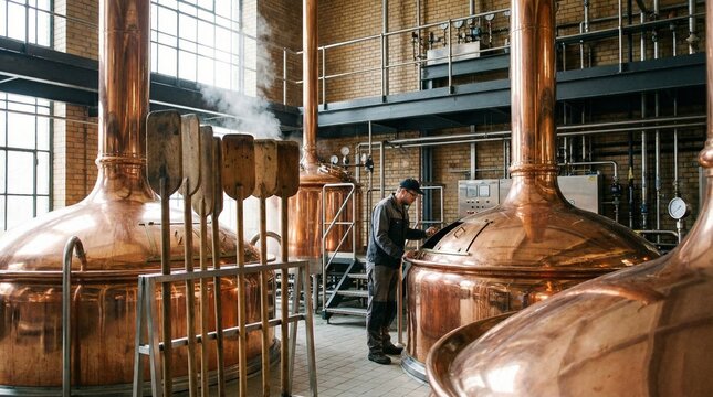 Man working in a brewery with copper fermentation vessels  