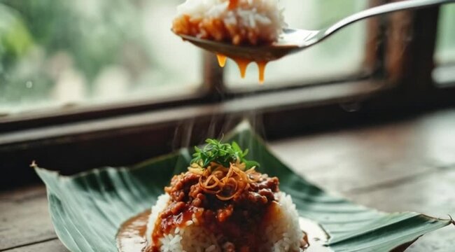 Close-up of delicious Indonesian-inspired rice dish with savory peanut sauce and crispy fried shallots, beautifully presented on a banana leaf, capturing the essence of authentic Asian cuisine