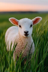 Fototapeta premium Sheep stands in tall grass with close-up view of its eyes and wool fibers
