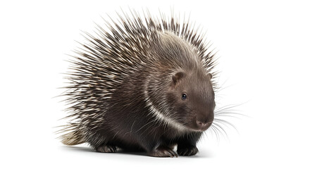 Obraz premium Porcupine with sharp quills standing on white background, detailed wildlife portrait with natural fur texture and realistic expression.