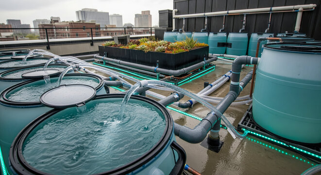 Rooftop rainwater harvesting system with storage tanks and filtration pipes, sustainable urban water management, eco technology for recycling and conservation in city environment