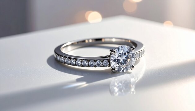 Close-up diamond engagement ring on reflective surface, round-cut solitaire in prong setting, smaller diamonds embedded along band, softly blurred warm light reflections in background, romantic and el